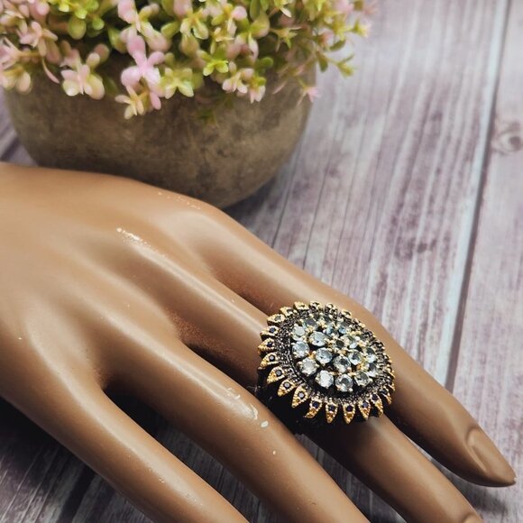 Blue Topaz Encrusted Sunflower Floral Statement 925 Silver Multi Ring Sz. 6.5 - Picture 6 of 9